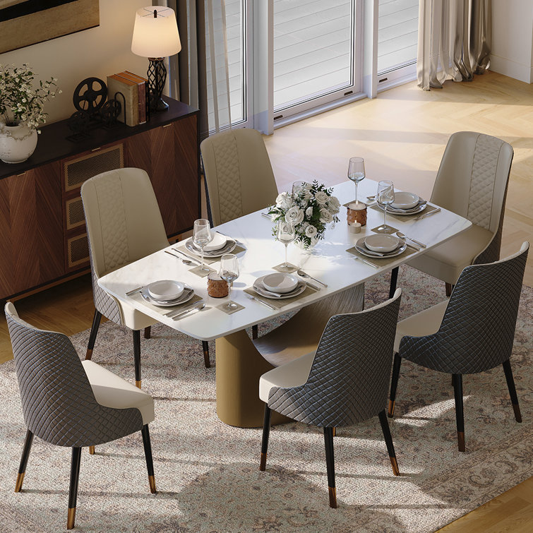 7-Piece Modern Dining Room Sets (71" Dining Table + 6 Chairs) Pre-Assembly, Sintered Stone Tabletop Kitchen Dining Table Set with 6 PU Upholstered Chairs