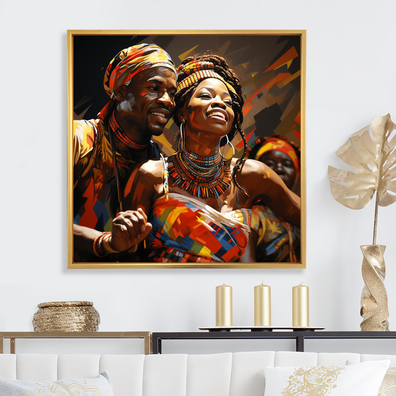 Art mural jaune jaune, rythmique africain - Danse, Cadre flottant doré, H 16 po x l 16 po