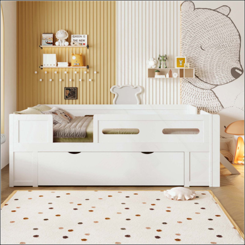 Lit plateforme en bois avec garde-corps et tiroir, Lit double, Blanc