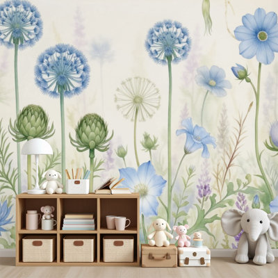 Peel and Stick Wallpaper Delicate Blue Purple Wildflower Botanical Wall Murals 69"H x 96"W Removable PVC Wall Paper Self-Adhesive Wall Decor for Bedroom Living Room Home Office