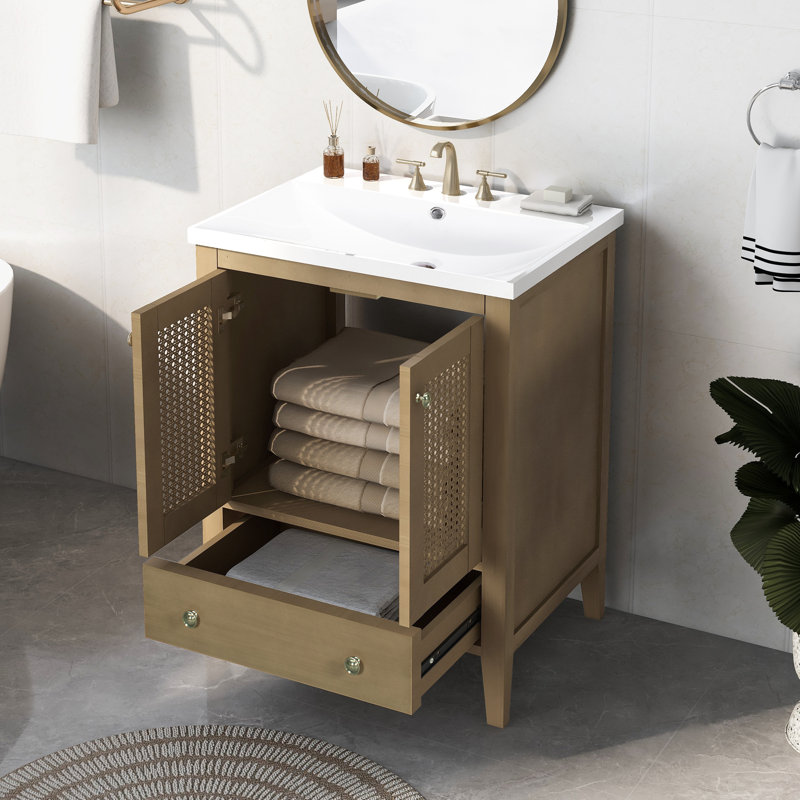 Base de meuble-lavabo de style bohème sans lavabo, structure en bois massif et panneaux de fibres à densité moyenne, armoire de rangement de salle de bain avec 2 portes naturelles et 1 tiroir