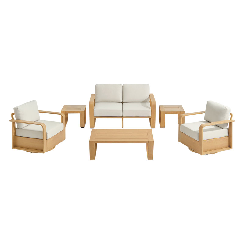 Ensemble de conversation pour 4 personnes avec coussins, 6Pcs:2 Chairs,CoffeeTable,2 EndTables,Loveseat, Natural Wood, Cream