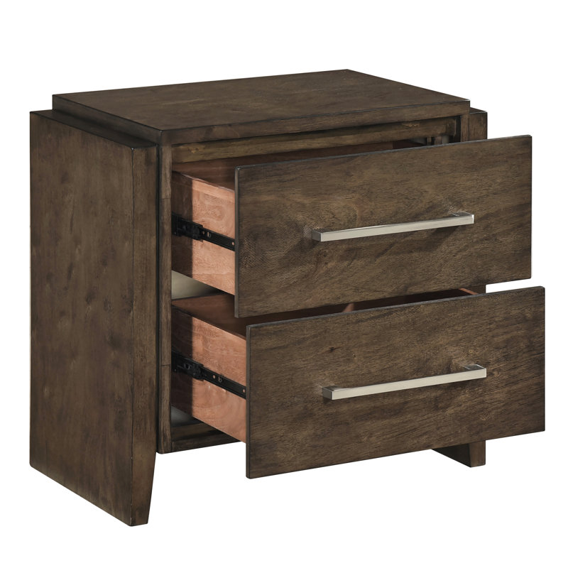 Table de chevet en bois d'hévéa massif avec finition noyer foncé, deux tiroirs, style transitionnel, pour la chambre à coucher