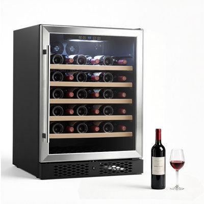 Cave à vin de 61 cm (24 pouces) pour 52 bouteilles, idéale pour un bar à domicile. Encastrable sous comptoir ou installation libre. Système à compresseur avec serrure, thermostat réglable de 4 à 19 °C (40 à 66 °F), porte vitrée et éclairage LED.