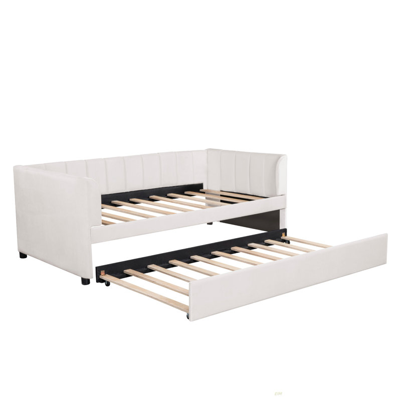 Lit de jour simple rembourré avec dossier ergonomique et lit gigogne (lit de jour), Beige