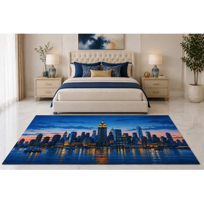 Tapis ultramince 152 x 213 cm (5 pi x 7 pi) à motif urbain moderne nocturne, idéal pour la chambre, le salon et le bureau à domicile. Moquette douce à poils courts avec envers antidérapant en silicone.
