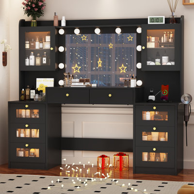Grand bureau de meuble-lavabo 62 po avec 11 ampoules DEL, 2 armoires en verre RVB, prise de courant, plateau en verre, 8 tiroirs translucides, miroir à 3 lumières DEL, meuble-lavabo de chambre à coucher