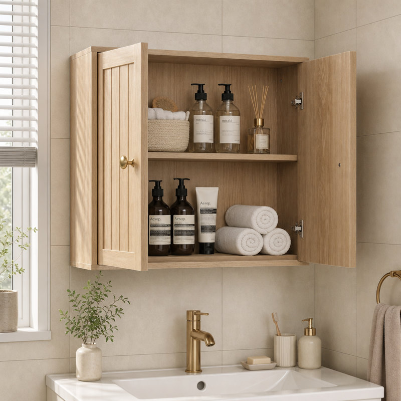 Armoire de rangement murale à 2 portes avec boutons dorés