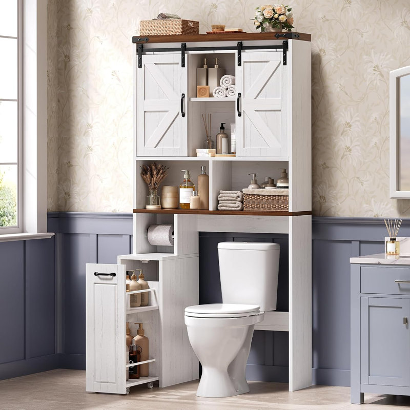 Farmhouse Over The Toilet Storage Cabinet With Pulley, Bathroom Storage Cabinet With Slide Barn Doors, Adjustable Shelf And Open Shelf, White Brown