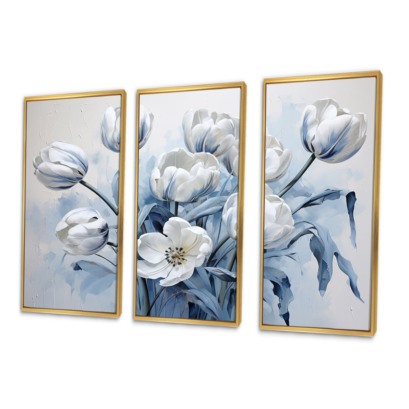Minimalisme, tulipes bleues et blanches Brushstrokes - ensemble d'art sur toile, Cadre flottant doré