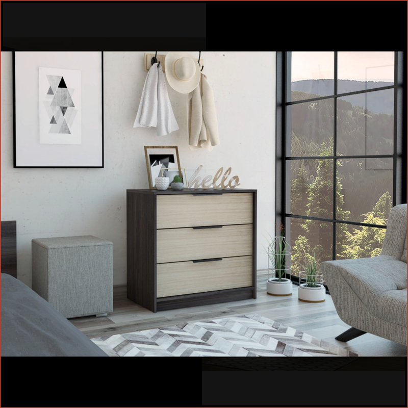 Commodes | Commode 3 tiroirs Maryland, wengé noir / pin, plateau supérieur | Panneau de particules | Multicolore, Beige/gris