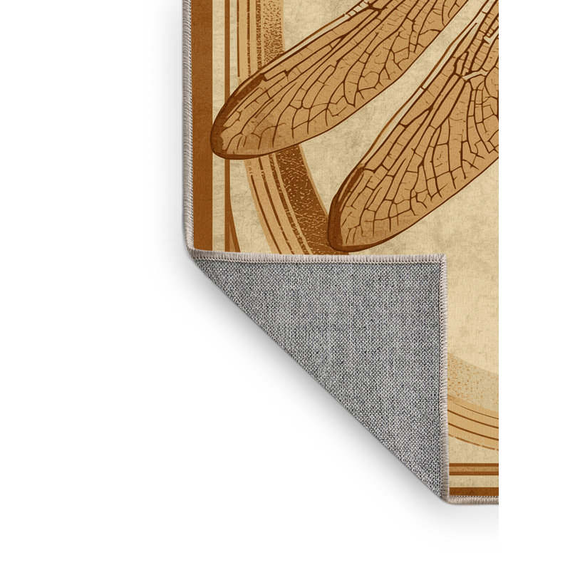 Machine Washable Peirsen Dragonfly Art Deco Arc Rug in Beige – Beige Binding, 2x5