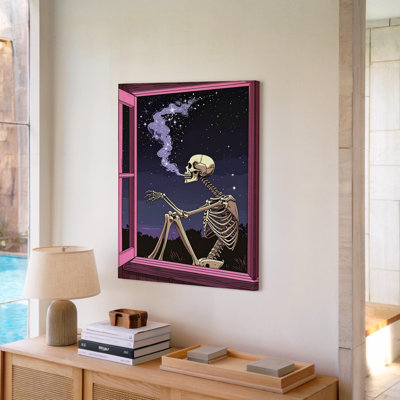 Étoile fumée squelette minimaliste rose fenêtre Halloween ligne art mural toile prêt à accrocher galerie enveloppée décoration moderne