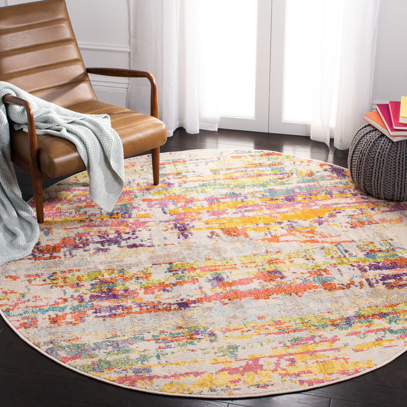 Felty Abstract Beige Area Rug, Round 6'7"