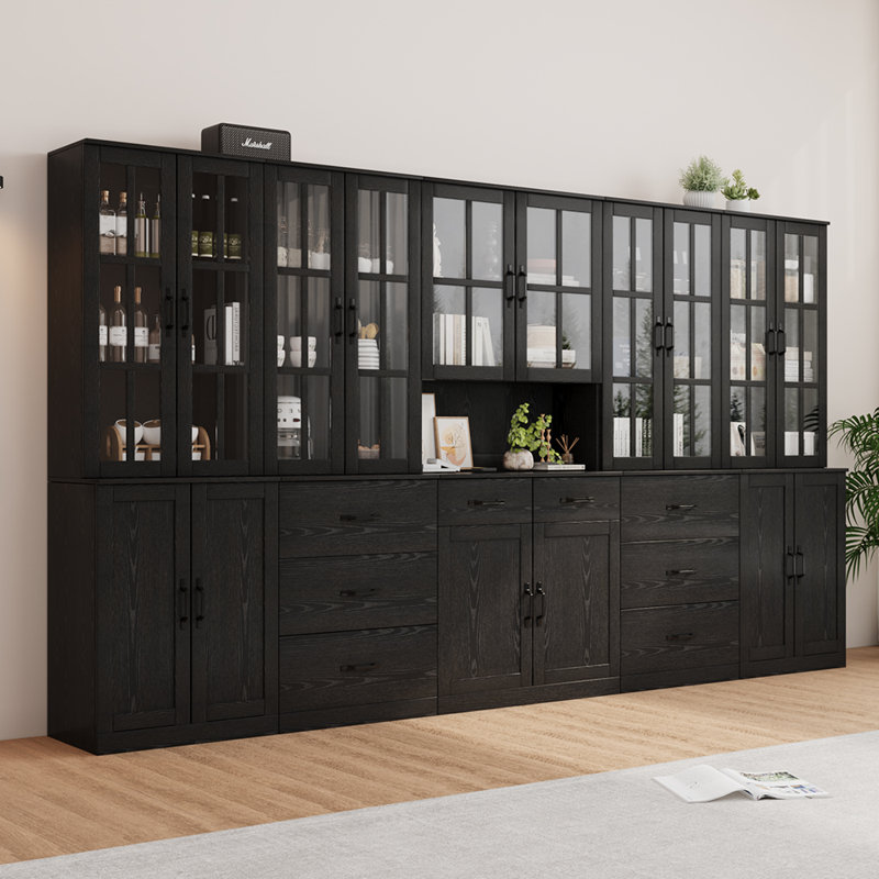Bibliothèque H 71 "x l 126" avec portes en verre et grands tiroirs de rangement (2C + 2D + E), Noir, noir, noir, noir