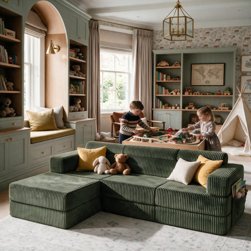 Sisle 106" Boneless  L Shaped  Sectional Corduroy Upholstered Modular Compression Sofa, Green Corduroy