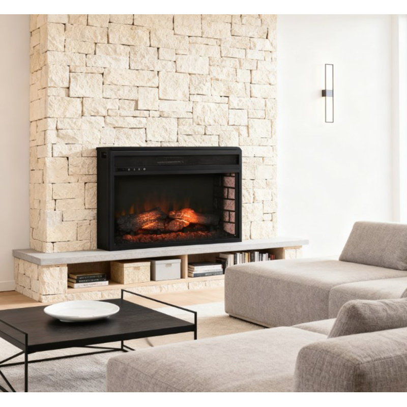 Chaufferette électrique encastrée rétro avec flamme de bûche réaliste, luminosité réglable et télécommande pour une ambiance douillette