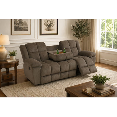 Canapé inclinable électrique moderne en tissu brun à rayures avec sièges rembourrés moelleux, dossiers de soutien et console porte-gobelet rabattable