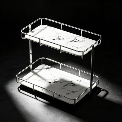 Bathroom Organizer Countertop - 2 Tier Makeup & Perfume Display Shelf With Stainless Steel Frame And Marble Pattern Trays For Vanity, Dresser, Or Kitchen