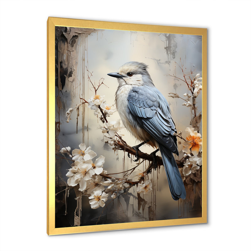 «Misty Blueray Bird on Branch II», reproduction d'art mural, H 40 po x l 30 po x P 1,5 po, Cadre doré simple