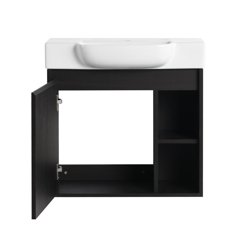 Meuble-lavabo mural multifonctionnel avec porte à fermeture en douceur et tablettes ouvertes, Chêne foncé, 24
