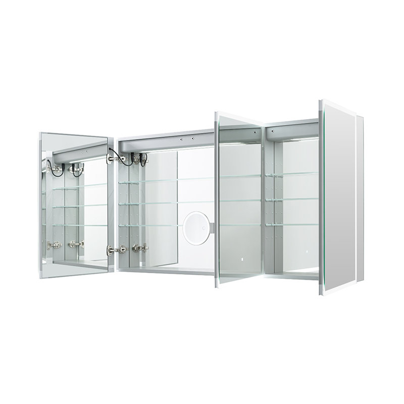 Désembueur pour armoire à pharmacie AQUADOM l 60 po x H 30 po, miroir grossissant réglable verticalement éclairé par 3 lumières DEL, horloge numérique, prises de courant