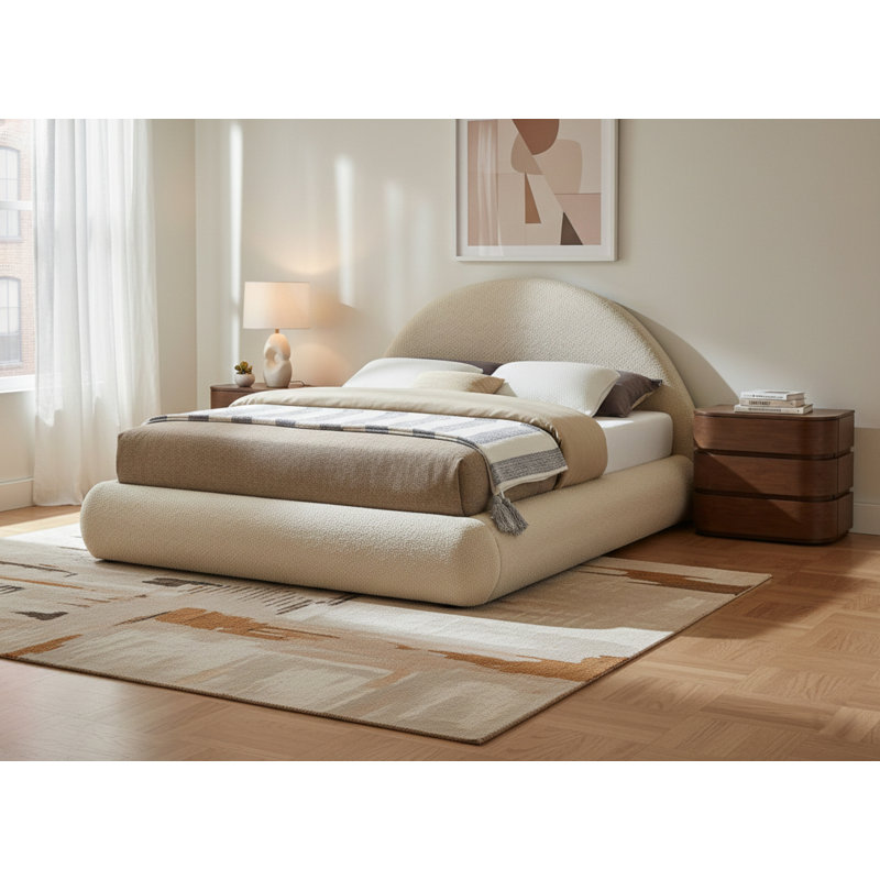 Rudy Upholstered Bed, Beige Faux Shearling Teddy Fabric, Full