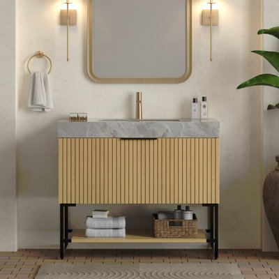 Meuble-lavabo et lavabo 36 po, armoire de rangement autoportante en contreplaqué rayé avec tiroir et tablette ouverte, comptoir en pierre frittée et lavabo encastré en céramique, pré-assemblé
