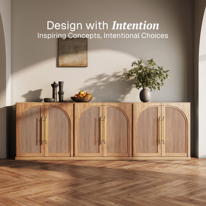 Set of 3 Modular Sideboard with Double-Arc Wood Doors, Camel, Camel