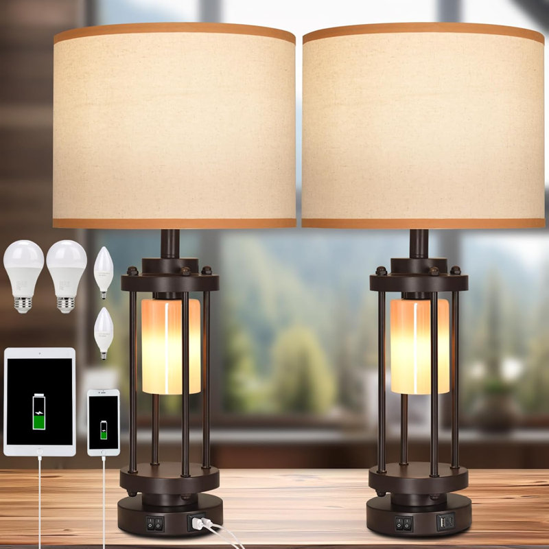 Ensemble de 2 lampes de table de ferme avec deux ports de charge USB, température de 3 couleurs réglable, lampes de table de chevet industrielles pour le salon et la chambre à coucher