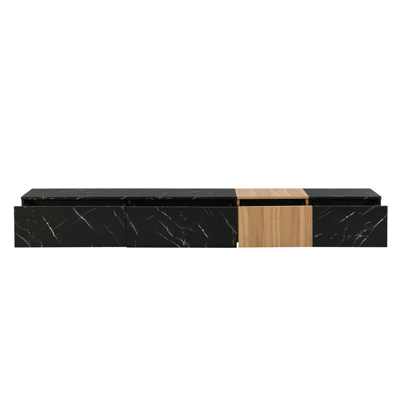 TV Stand with Faux Marble and Wood Grain Finish for TVs up to 88'', Modern Free-Combination Entertainment Center with 4 Storage Drawers