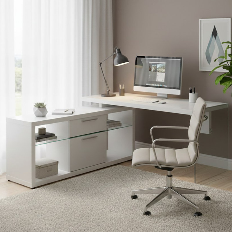Watlington Modular L-Shaped Glass Writing Desk, White/Clear Glass