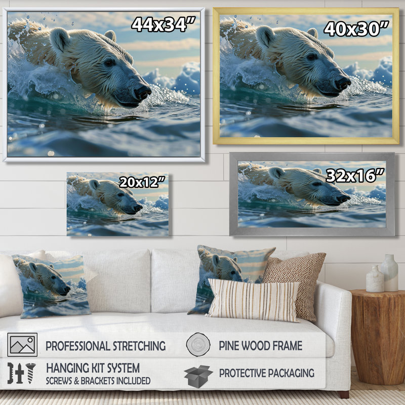 Ours polaire nageant dans la mer Arctique - ours, impression murale, Cadre flottant brun, H 30 po x l 40 po x P 1,5 po