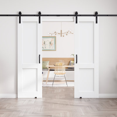 No Assembly Required Panel, Sliding Barn Door White Primed 2-panel Solid Manufactured Wood Closet Pantry Doors with Hardware Kit
