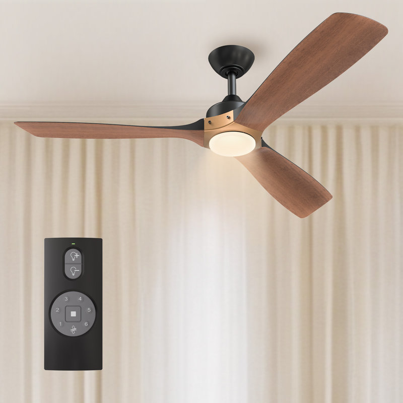 Matte Black and Distressed Koa 52" Ceiling Fan with LED Light and Remote