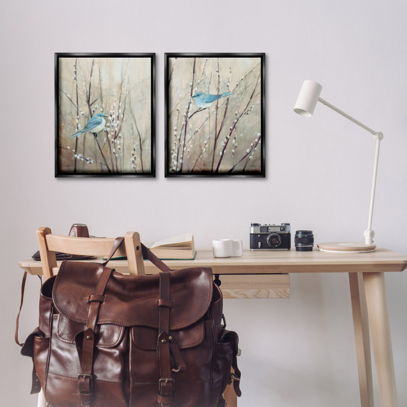 Ensemble de 2 toiles flottantes encadrées Peaceful Blue Birds par Julia Purinton, Cadre flottant noir de jais