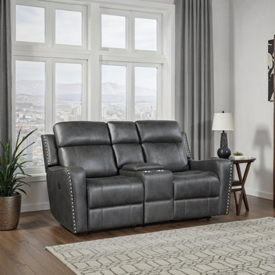 Ikher 72" Modern & Contemporary Polished Microfiber Power Double Reclining Love Seat with Power Motion, USB Charging, Centre Storage Console & Elegant Nailhead Trim