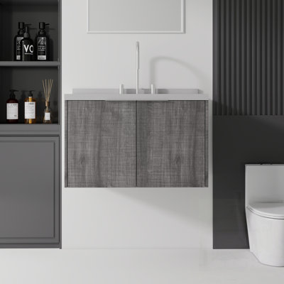 Meuble-lavabo flottant avec lavabo, porte à fermeture douce, comptoir et dosseret en marbre de culture blanc granit 2 po