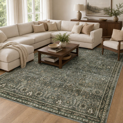 Watte Vintage Floral Border Washable Area Rug, Soft Low Pile Indoor Rug for Living Room, Bedroom & Dining Room