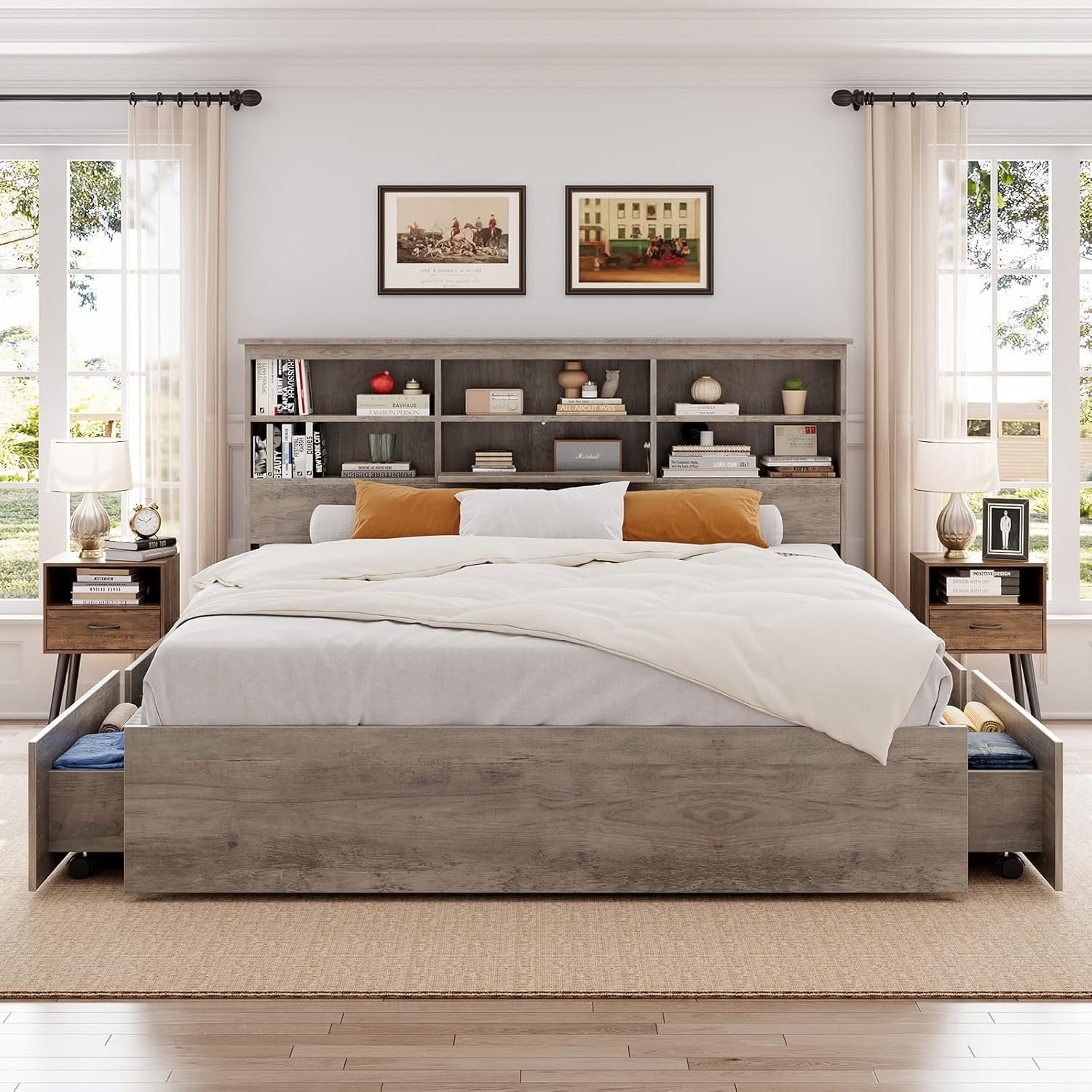 17 Stories Bed Frame With Storage Headboard, Wooden Bed Frame With 4 ...