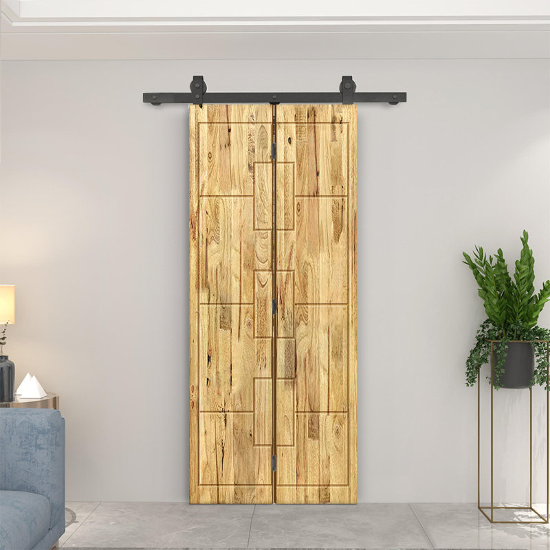 Porte de grange pliante en bois de pin avec quincaillerie coulissante, 34 po x 84 po, Chêne vieilli