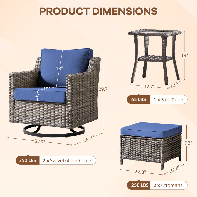 5 Pieces Outdoor Patio Furniture Set-All-Weather Wicker Patio Swivel Glider Chairs With 2 Ottoman And Glass Side Table, Blue