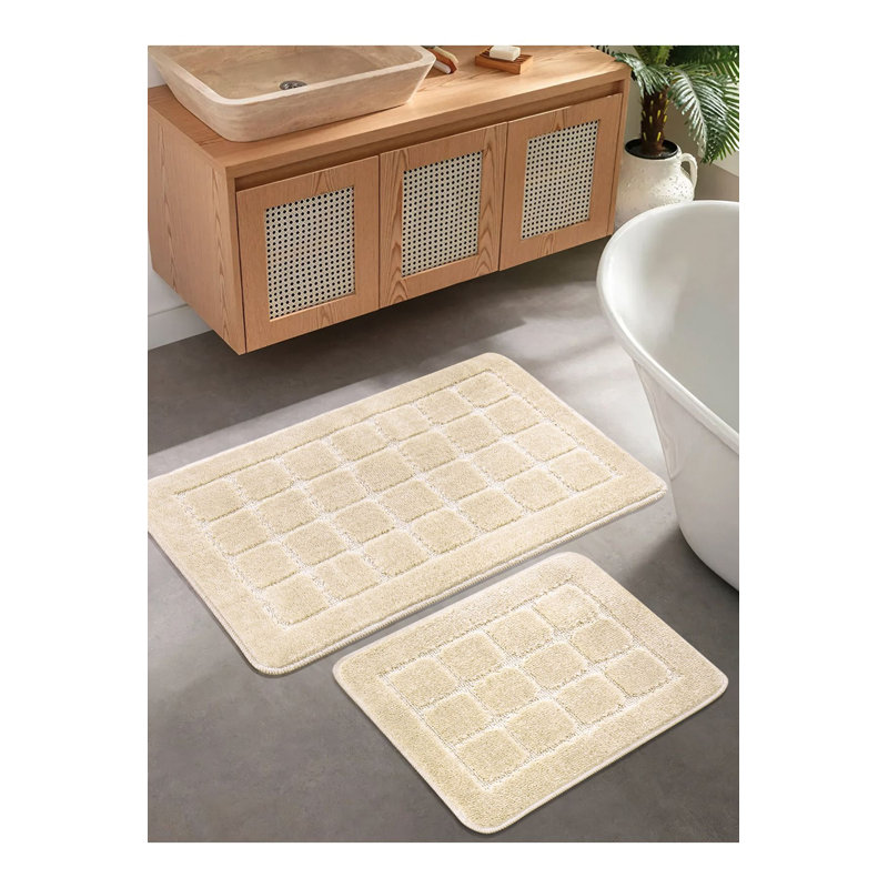 Premium Bathmat Set (2 Pieces), Cream Color, 19.7 x 31.5 inches & 15.7 x 19.7 inches | 100% Polypropylene, 1350 g/m², 0.5 mm Pile & Sponge Height | Non-Slip Natural Latex Sole, Machine Washable, Soft & Durable