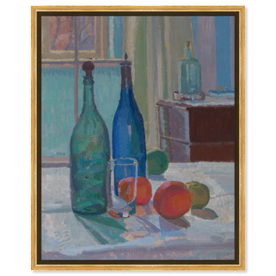 Blue And Green Bottles And Oranges Canvas Farmhouse Art by Art Remedy
