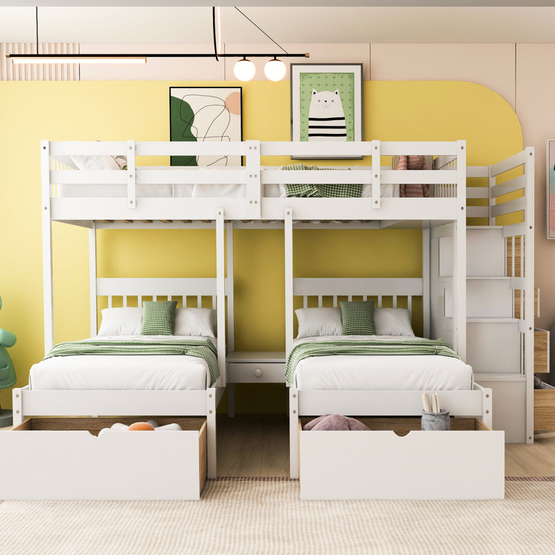 Lit double blanc au-dessus de simple et superposé, pin et contreplaqué, garde-corps de longueur, escalier multifonctionnel, 4 tiroirs de rangement, pas de sommier tapissier, grande capacité