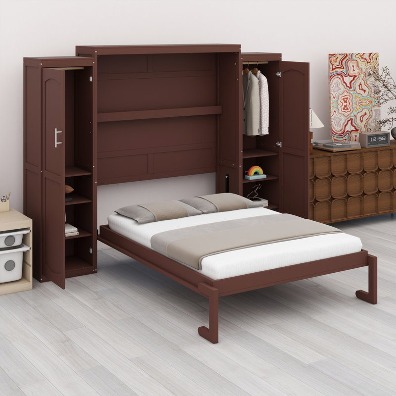 Lit escamotable en bois avec 2 garde-robe et tablette de rangement, Noyer