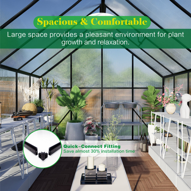 8x10 Ft Greenhouse For Outdoors, Polycarbonate Green House With Adjustable Roof Vent And Rain Gutter, Aluminum Large Walk-in Greenhouse With Quick Setup Structure For Outside Garden Backyard Patio