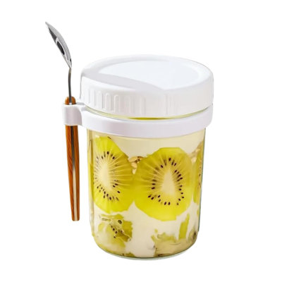 a glass Oatmeal Jar With Spoon Lid  Sealed Salad Shaker Container With Measuring Marks Ideal For Cereal Fruit Vegetables Milk Yogurt  Meal Prep
