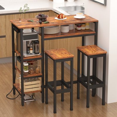 Ensemble de table de bar à hauteur de comptoir avec prises de courant et 2 tabourets