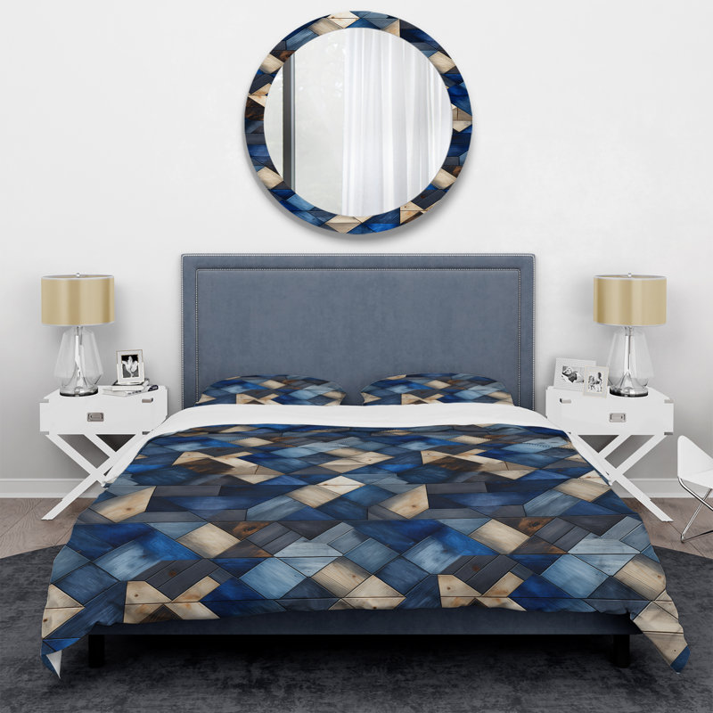 Ensemble de housse de couette géométrique beige et bleu à motif de tuiles Symmetry I